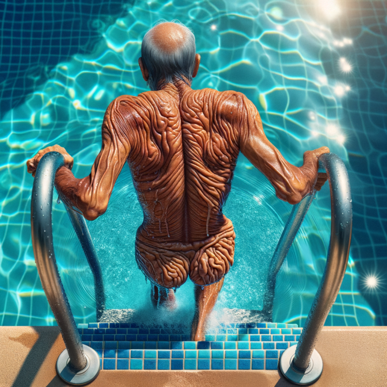 Pessoa saindo da piscina com a pele enrugada