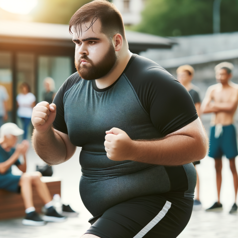 pessoa obesa praticando exercicios em local publico