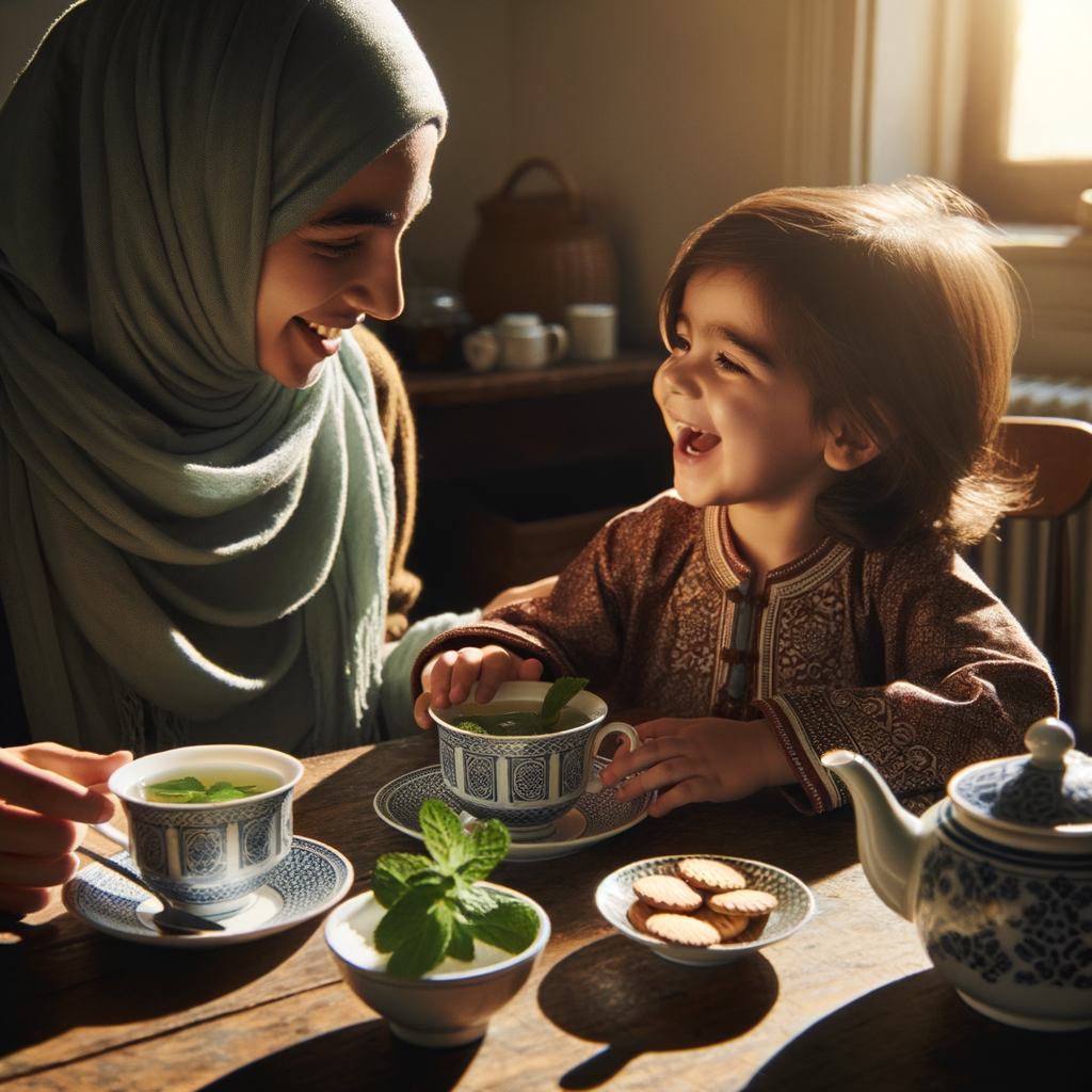 Criança e mãe tomando chá de hortelã