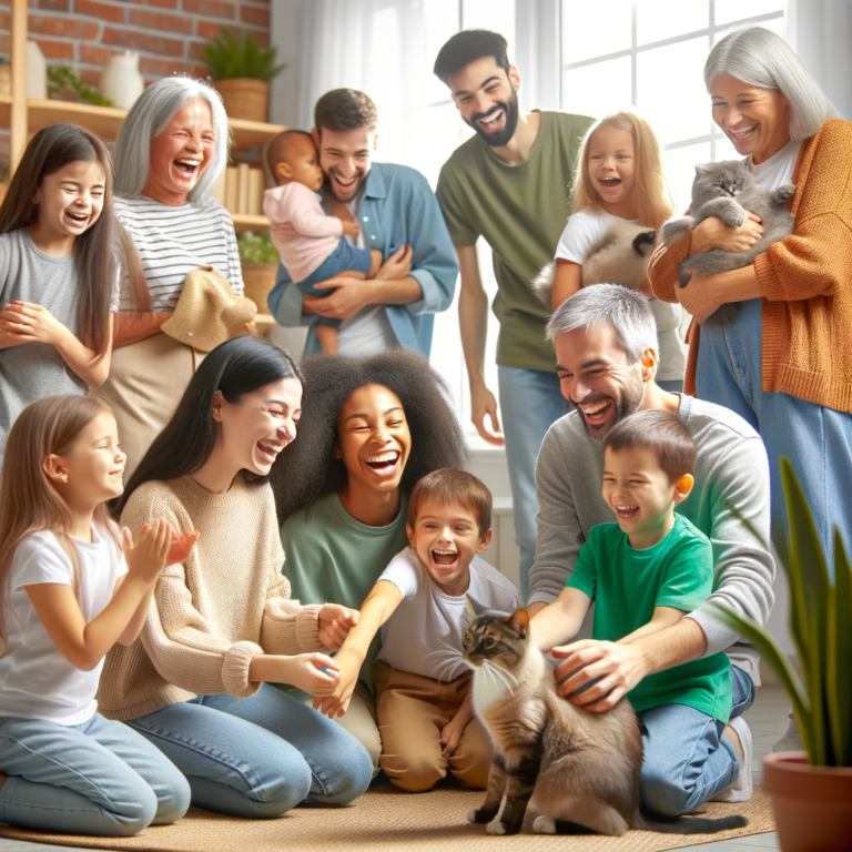 Crianças e adultos brincando com 1 gato de estimaçao