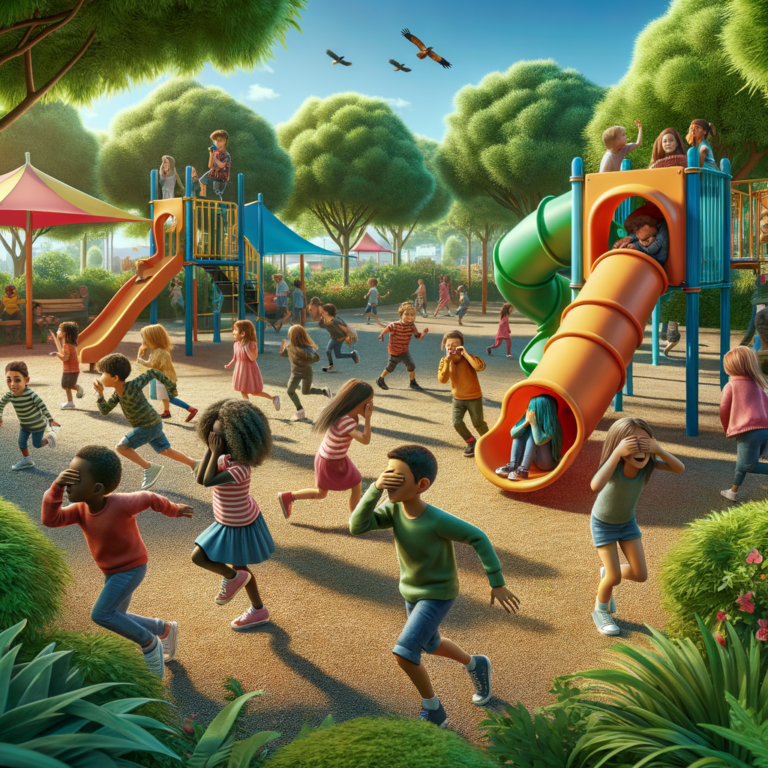 crianças brincando em um parque de esconde esconde