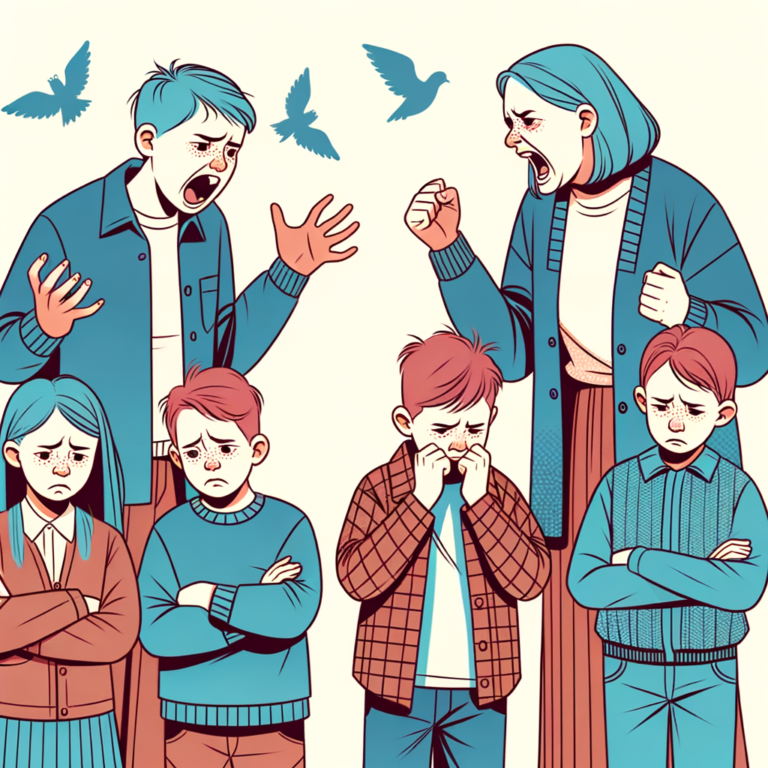 mãe gritando com os filhos e os filhos com expressão de medo e tristeza