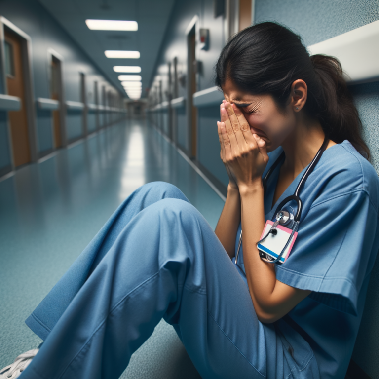 uma enfermeira sentada em um corredor de hospital chorando